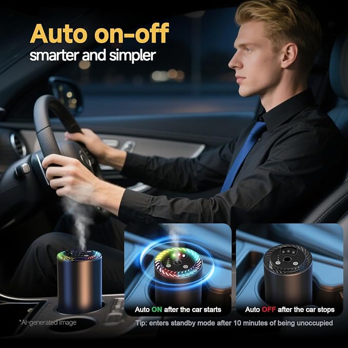 Smart Car Air Freshener with Star Light & 200ml Diffusers Oil Refills, Auto On/Off Aroma Diffuser, 3 Adjustable Mist Modes Rechargeable Aromatizante para Carro - Car Diffuser（Cologne*4）