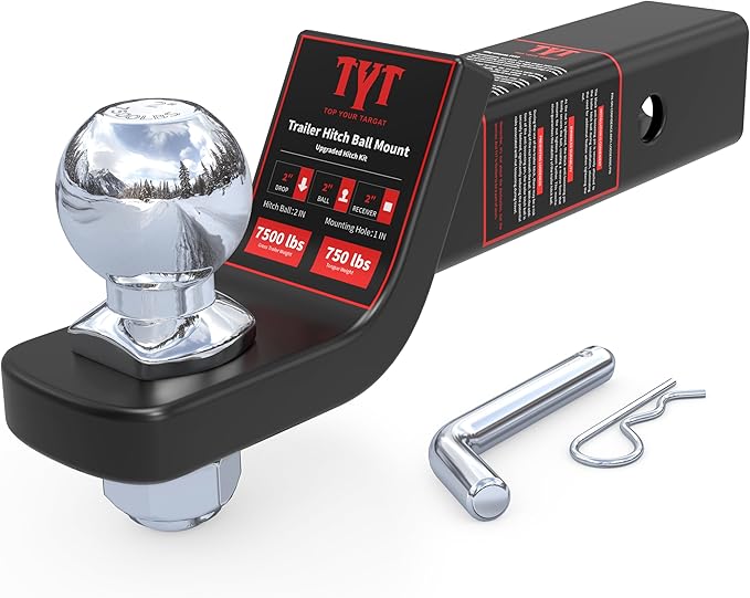 TYT Trailer Hitch Ball Mount with 2 Inch Ball & Pin, Fits 2 Inch Receiver, 7500lbs, 2 Inch Drop, Upgraded Hitch Kit Black with Anti-Rattle Pin