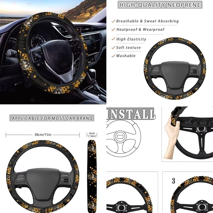 Wolf Sunflower Black Print Car Accessories Car Seat Covers Full Set with Steering Wheel Covers+Seat Belt Pads+Coasters+Keychain+Lipstick Holder Universal Fit 13 Pack