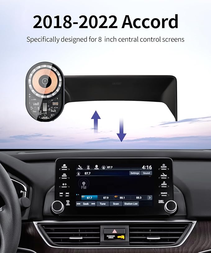 Wireless Charging Car Phone Holder for Honda Accord/Hybrid 2018-2022, 8" Screen Fixed Clip, 360° Rotation Car Phone Mount Compatible with MagSafe