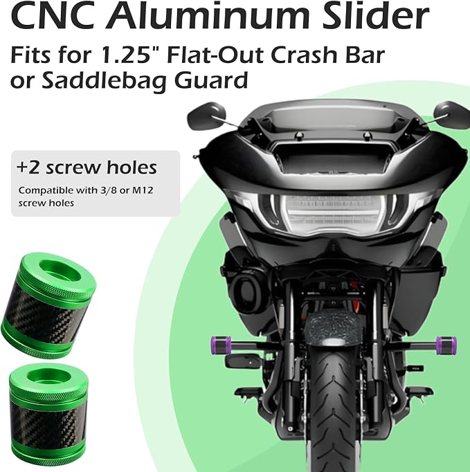 Crash Bar Sliders End Caps CNC Carbon Fiber Inlay Decorative Sliders Fits for 1.25" Front Engine Guard Rear Saddlebag Guard CNC 60mm (Green)