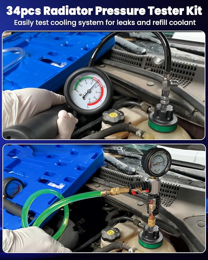 ATPEAM 34pcs Universal Radiator Pressure Tester Coolant Pressure Tester and Vacuum Refill Kit for Automotive Cooling System Water Tank Leakage Detection