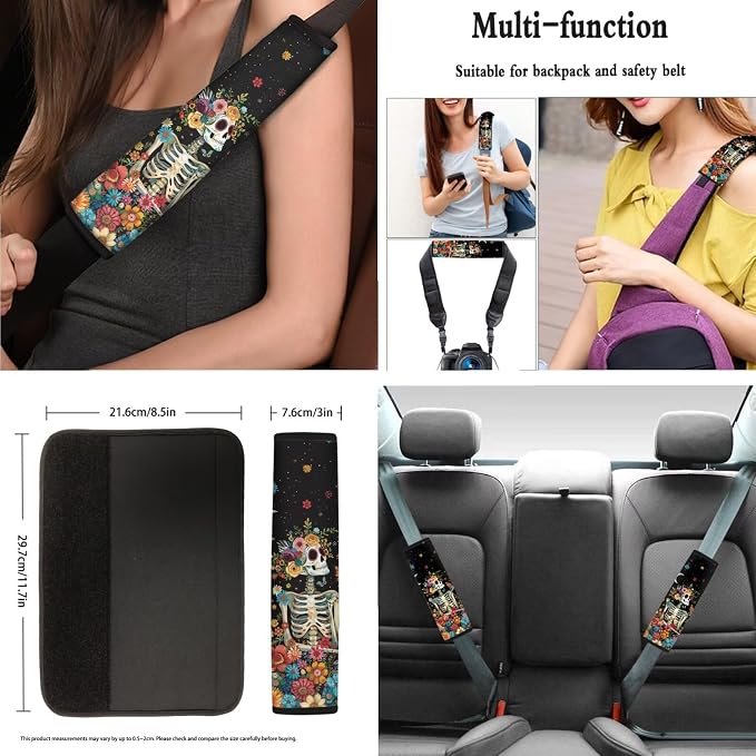 AFPANQZ Car Seat Covers Full Set of 11 Pcs with Steering Wheel Cover Gear Shift Knob Cover+Auto Handbrake Cover+Seat Belt Strap Pads+Car Coaster with Skull Floral