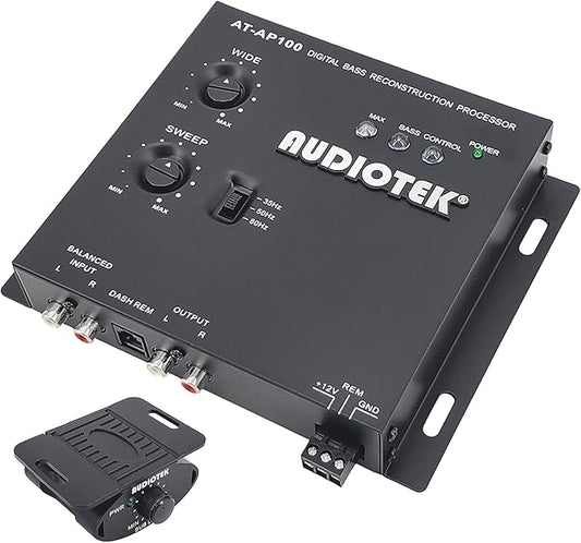 Audiotek AT-AP100 1/2 Din Car Audio Digital Bass Processor & Sound Restoration, Crossover for Car Subwoofer Tuners w/Bass Knob Input 15V RMS and Maximum Output 13.5V Peak