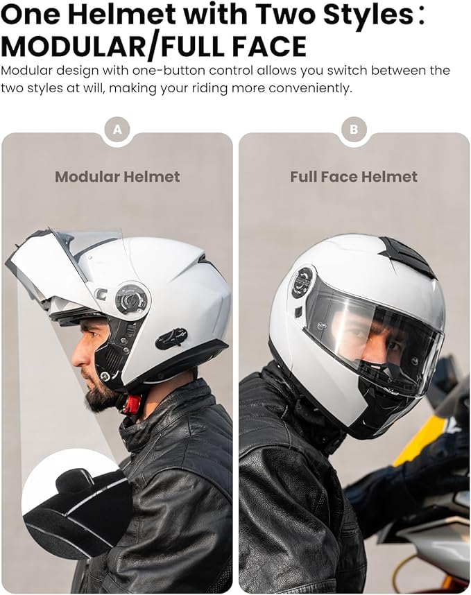 ILM Bluetooth Motorcycle Modular Helmet 2-3 Riders Intercom Flip up Full Face Helmet with Dual Visor DOT Model 159BT (White, L)