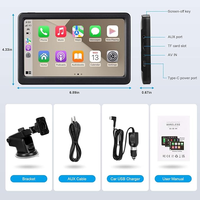 Wireless Carplay Screen for Car, 7" HD Portable Car Stereo Touch Screen, Compatible with Apple Carplay and Android Auto, with GPS Navigation, Bluetooth, Mirror Link, Voice Control, AUX Input, FM Radio