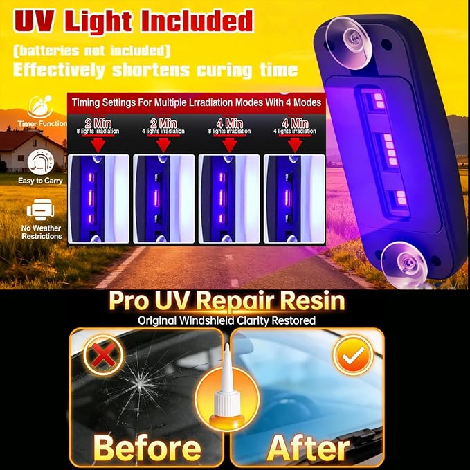 Windshield Repair Kit, Windshield Crack Repair Kit with Suction Cup Curing Light, 2 Pcs Car Glass Repair Kit Quick Fix for Chips & Cracks, Windshield Chip Repair Kit, Automotive Nano Fluid（Orange）