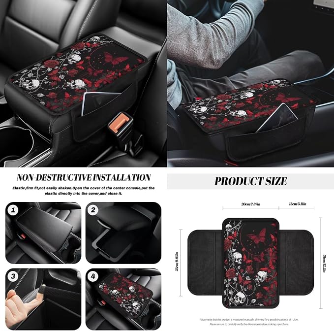Car Accessories Seat Covers Full Set of 14 Skull Rose Butterfly Print Car Front and Rear Seat Covers with Steering Wheel Cover Center Console Pad Safety Belt Pads Cup Coasters