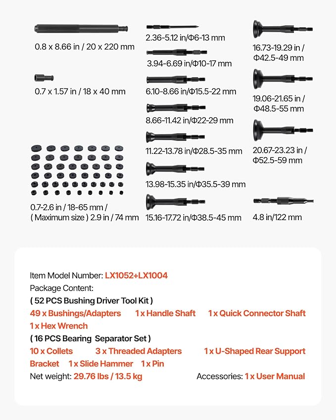VEVOR 52pcs Custom Bushing Bearing And Seal Driver Set & 16pcs Slide Hammer Puller Set, 2 in 1 Bushing Bearing Driver Press Kit, Heavy Duty Removal Puller Installation Set with 49 Bushings, 10 Collets