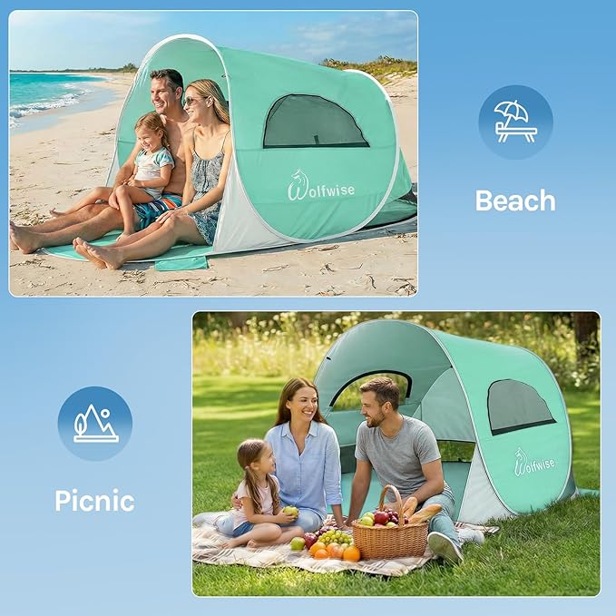 Wolfwise Pop up Beach Tent Sun Shelter with UPF50+ UV Protection, Instant Easy Setup Popup Beach Shade Canopy for 3 Person, Portable & Foldable with Carring Bag, 87 ×57×47 in, Mint Green