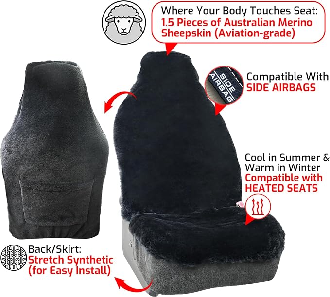 Aegis Cover Sheepskin Car Seat Cover Genuine Australian Merino Wool Front Seat Cover Luxury Dense Pelt Universal Fit for Most SUVs, Trucks, Bucket-Style, 54 X 22 Inches (CS-Charcoal)