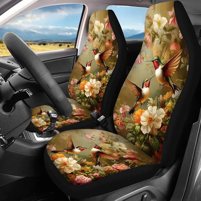 Hummingbird Flower Car Seat Covers Full Set of 17 Pcs,Hummingbird Car Accessories with Steering Wheel Covers Seat Belt Shoulder Pad Keychains Vehicle Interior Seat Mat Cover for Women Gifts