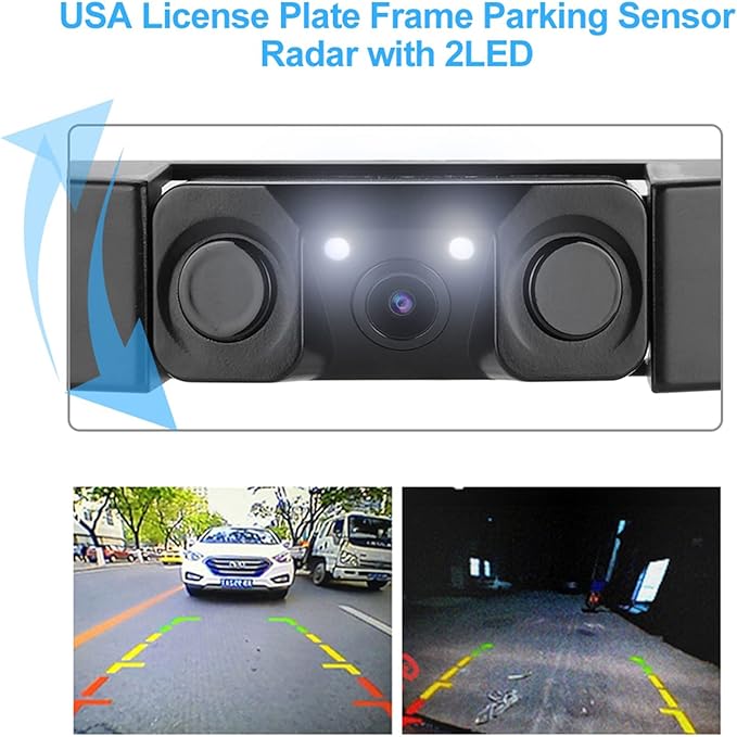 3 in 1 Car License Plate Frame Parking Sensor Rearview Reverse B 120 Degree Wide Angle The Parking Sensor Support Ackup Camera 2LED Backup Sensor Kit Camera for Truck