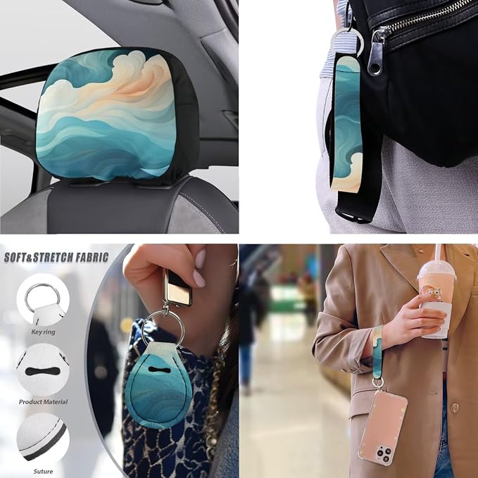 Green Cloud 13 Piece Car Seat Cover Set Watercolor Green Cloud Pattern Full Set Belt Shoulder Car Seat Protectors Yellow Gradient Sky Fluid Coaster Pads Decor Accessory