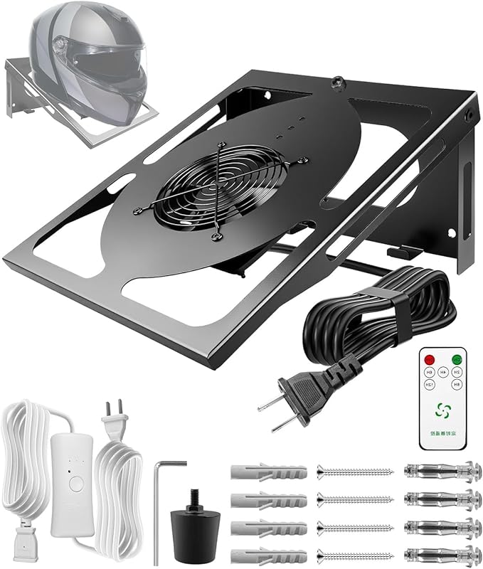 Motorcycle Helmet Dryer Holder with Ventilation Fan, Heavy Duty Helmet Rack Wall Mount, Helmet Stand with Timer Remote Control, 110-220V Auto Fan for Quick Drying