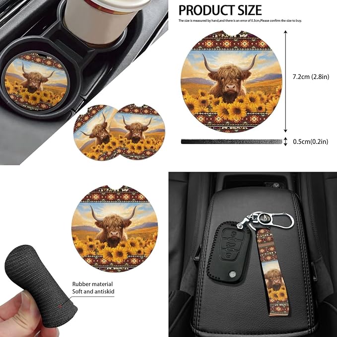 Sunflower Highland Cow Car Seat Covers Sets 14pcs,Sunflower Western Cow Auto Seat Protector Pad+Seatbelt+Steering Wheel+Car Coasters+ Interior Mirror Accessory+Cow Keychain for Women Men
