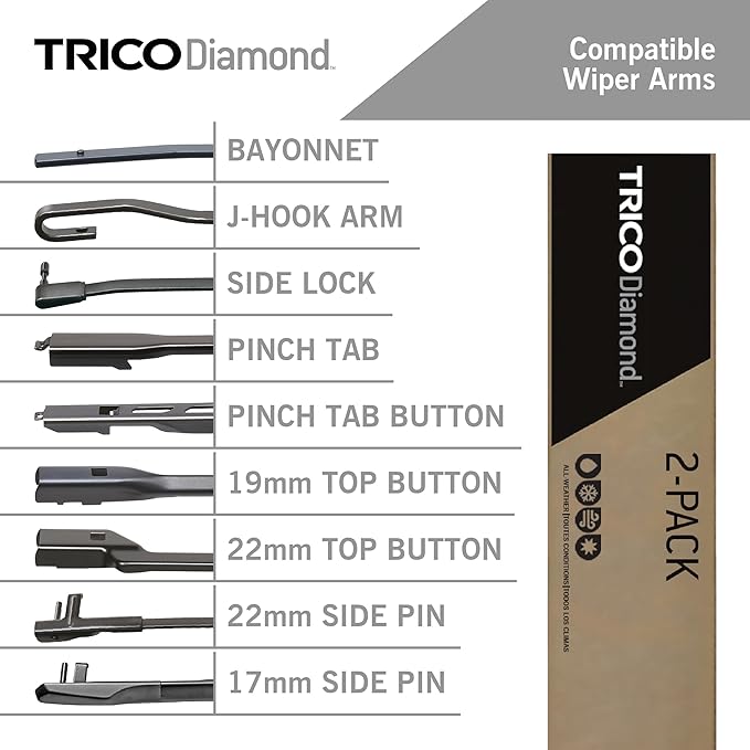 TRICO Diamond 26" + 16" Super Premium Automotive Replacement Windshield Wiper Blades (Set of 2), Passenger and Driver Side All-Weather Beam Wiper Blades for Select Vehicle Models (Item #25-2616)