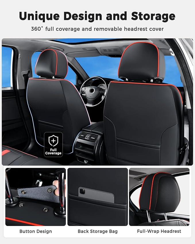 Huidasource Front Seat Covers Luxury Nappa Leather, Car Seat Cover Front Seats with Airbag, Front Storage Pocket, Lumbar Support, Cooling＆Heating, Universal Fit for Most Cars SUV Trucks, Black&Red