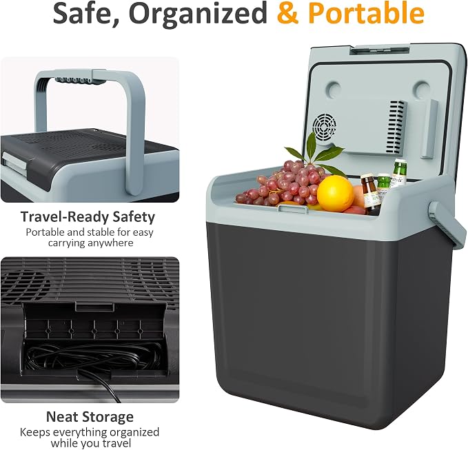 SUNVIVI Electric Cooler & Warmer with Handle, 25QT Portable Thermoelectric Car Refrigerator, Dual Cooling & Heating 12V Mini Fridge with Wind-Cooling System, Plug-in Cooler for Car, Truck, Black