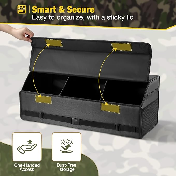 Fyzeoty Car Trunk Organizer for SUV and Sedan, Tactical‑Black, 29.5 in | Tactical & Aerospace Oxford, Extra‑Large, Hinged Lid, Collapsible & Adjustable, Water‑Resist & Dust‑Proof