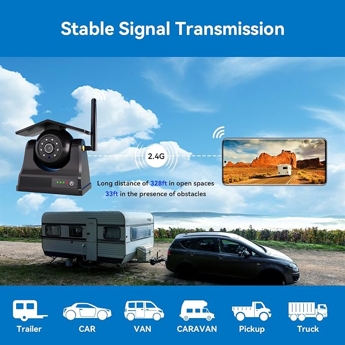 Magnetic Solar Wireless Backup Camera, 10000mAh Rechargeable Battery Powered Reversing Camera, 1-Min Easy Installation, App Control, for Trailer, RV, Truck, SUV, Van