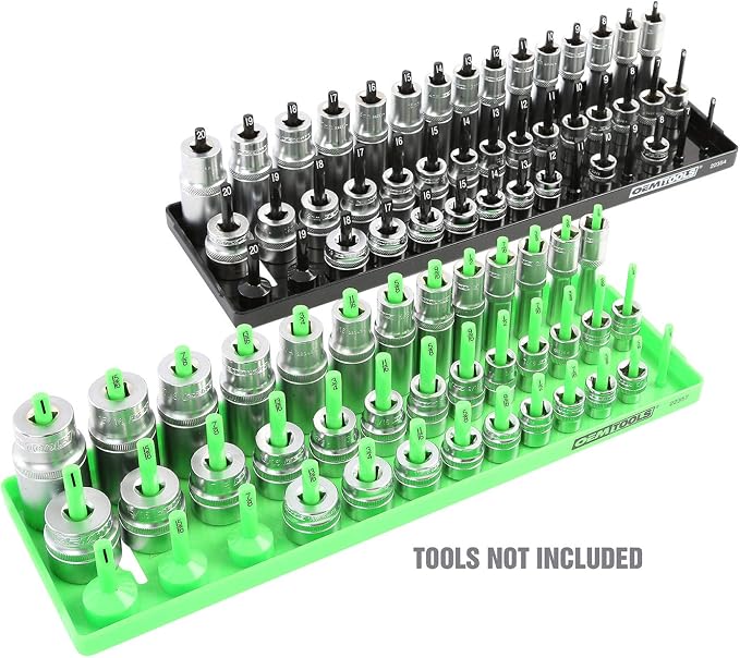 OEMTOOLS 22337 3-Post SAE And Metric Socket Tray Set, 6 Piece, Deep, Shallow, And Impact 3 Row Socket Organizer for Tool Box Drawer, 1/4, 3/8 and 1/2 Inch Drive, SAE And Metric, Black, Green