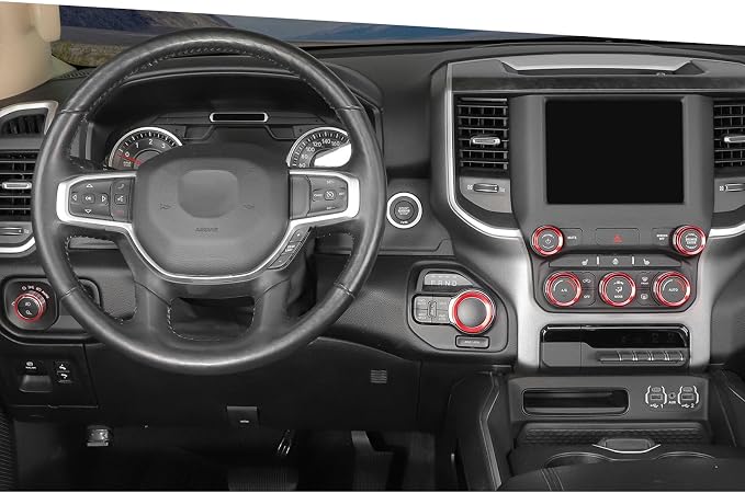 Jimen for Ram Center Console Knob Covers, 7PCS AC Air Conditioner Audio Volume Button & Headlight Switch & 4WD Shifter Knob Ring Trim Fit for Dodge Ram 2018-2025 (Red)