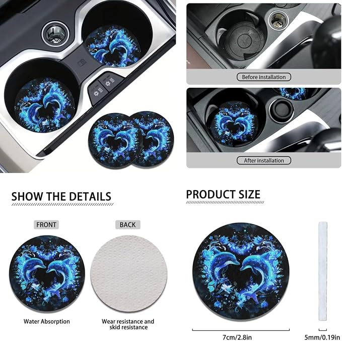 Dolphin Car Seat Covers Full Set of 11 Pack Neoprene Shift Knob Handbrake Cover+Seatbelt Pad Cover+Steering Wheel Wrap+Cup Holder Coaster for Car SUV Truck Van, Universal