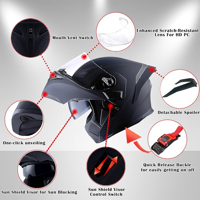 1Storm Motorcycle Modular Full Face Helmet Flip up Dual Visor Sun Shield: HB89 Arrow Red