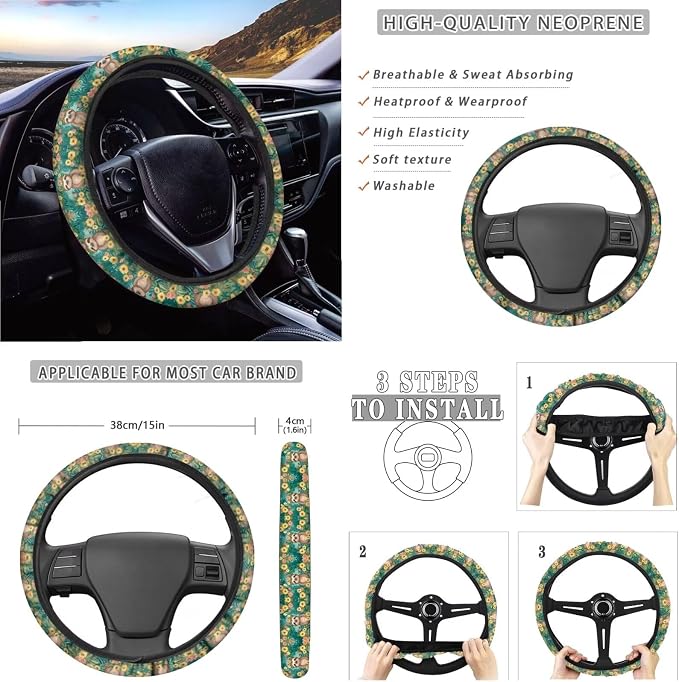 Suobstales Funny Sloth Print Car Seat Covers Full Set for Women Girly Floral Seat Cover Protector Auto Decorative with Steering Wheel Cover +Seat Belt Covers +Coasters +Keychains