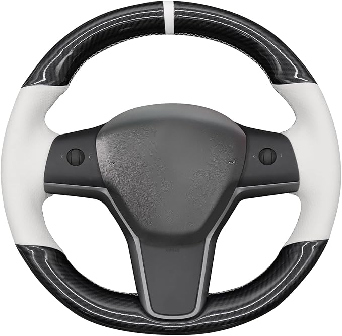MEWANT Hand Stitch White Faux Leather PU Carbon Fiber Steering Wheel Cover Wrap for Tesla Model Y 2023 Model 3 2023