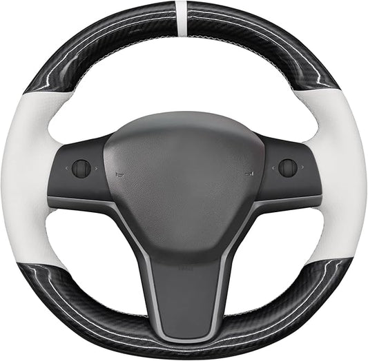 MEWANT Hand Stitch White Faux Leather PU Carbon Fiber Steering Wheel Cover Wrap for Tesla Model Y 2023 Model 3 2023