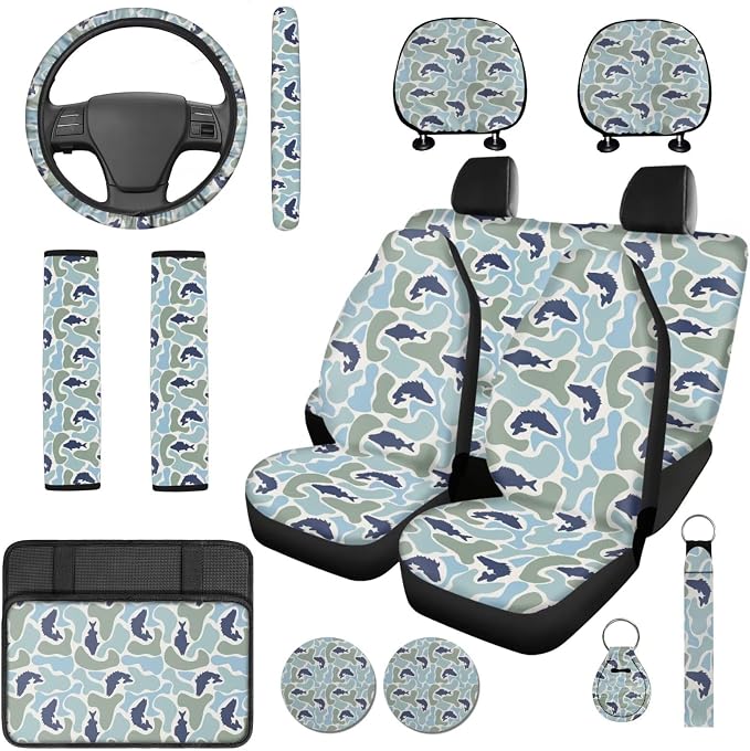 Bulopur Teal Fish Camo Auto Seat Covers Front and Backseat with Patriotic Automotive Steering Wheel Cover Cloth Armrest Cushion Pad Anti-Scratch Seat Headrest Cover 14 Piece Car Interior Decor Set