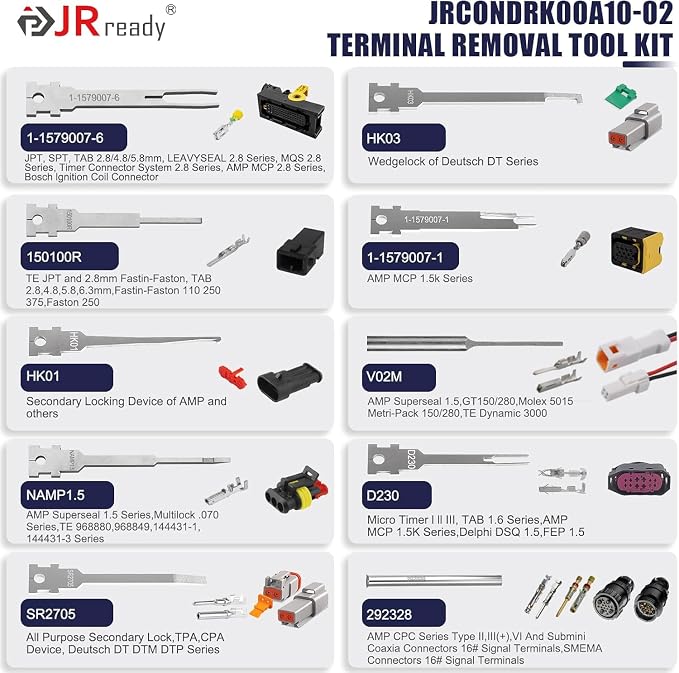 JRready Terminal Removal Tool Kit, Universal Vehicle Electrical Connector Pin Removal Tool for TE, AMP, Delphi, Deutsch,Harting, Molex Pin Extractor Terminal Release Tool Set
