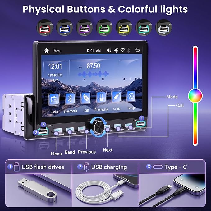 Single Din Car Stereo with Wireless A-pple Carplay Android Auto You-Tube, 7" IPS Touch Screen Car Radio 1 Din with Piano Keys Support Backup Camera Mirror Link Bluetooth FM USB EQ SWC