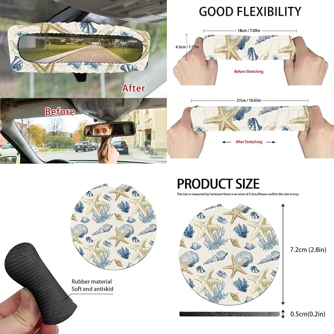 Beach Starfish 15 PCS Car Seat Cover Set with Auto Steering Wheel Cover Seat Belt Strap Protector Cup Holder Trash Bag Rear View Mirror Protector Keychain