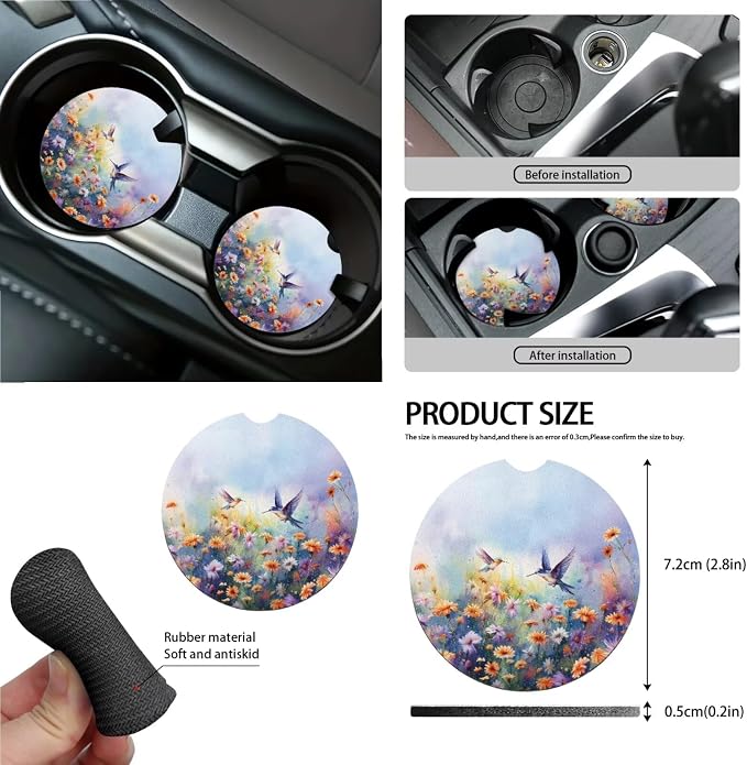Hummingbird Daisy Pattern 13 Pieces Car Accessories, Car Front and Rear Seat Covers Full Set with Safe Belt Pads, Non Slip Steering Wheel Cover Washable Coasters with Notch
