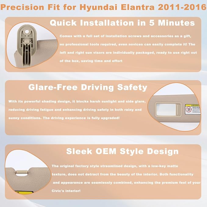 Pair Sun Visor Compatible with 2011-2016 Hyundai Elantra (Not for GT Models), Driver & Passenger Side Sunvisor Replacement Kit with Clips & Screws, Replaces OEM 85210-3X040-TX (Color Beige)