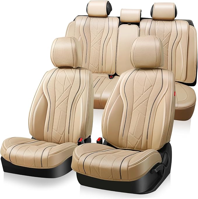 Auto Dynasty Car Seat Covers Full Set, Anti-Slip Automotive Interior Covers with Storage Pocket, Breathable Car Seat Protectors, Airbag Compatible, Universal Fit Most Vehicles, Beige (Touring Series)