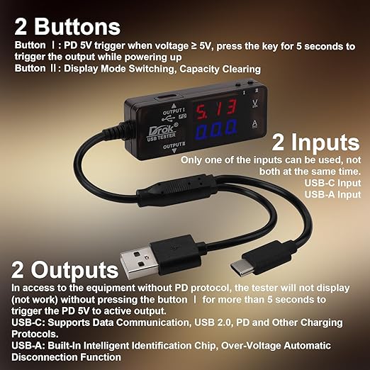 DROK USB Tester 2pcs, USB-A USB-C 2.0 Multimeter Dual USB Ports PD QC 3.0 with Color LED Display Battery Charger Monitor, 7 Modes Capacity Voltage Current Power for Laptop Power Bank Solar Panel