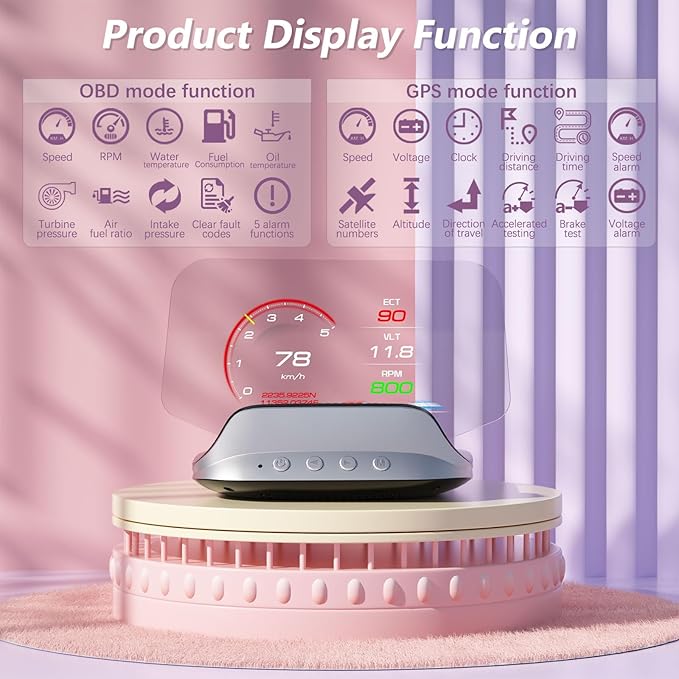 AZIJYV Heads Up Display for Cars C3, Obd2 Gauge Display with Speed, Water Temperature, Fuel Consumption, Overspeed Alarm, Specular Projection Car Speedometer Display Suitable for All Cars