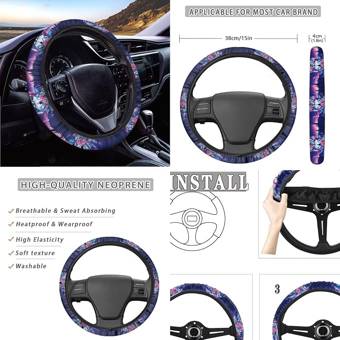 Wolf Rose Print Car Seat Covers Full Set with Steering Wheel Cover Non Slip Seatbelt Covers Set of 4, Universal Auto Seat Protector for Most Vehicles, Purple