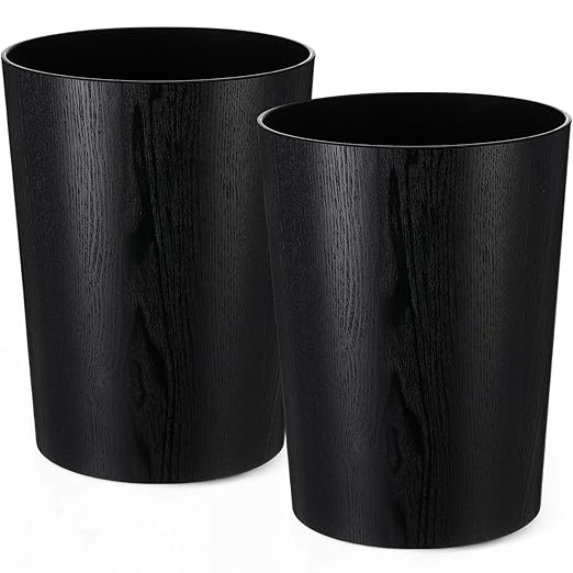 Threehoney 2 Pack 2.3 Gallons Wood Trash Can Wastebasket Natural Wood Round Wastebasket Small Trash Bin for Home, Office Under Desk, Kitchen, Bedroom, Hotel, Room(Black,Flat)