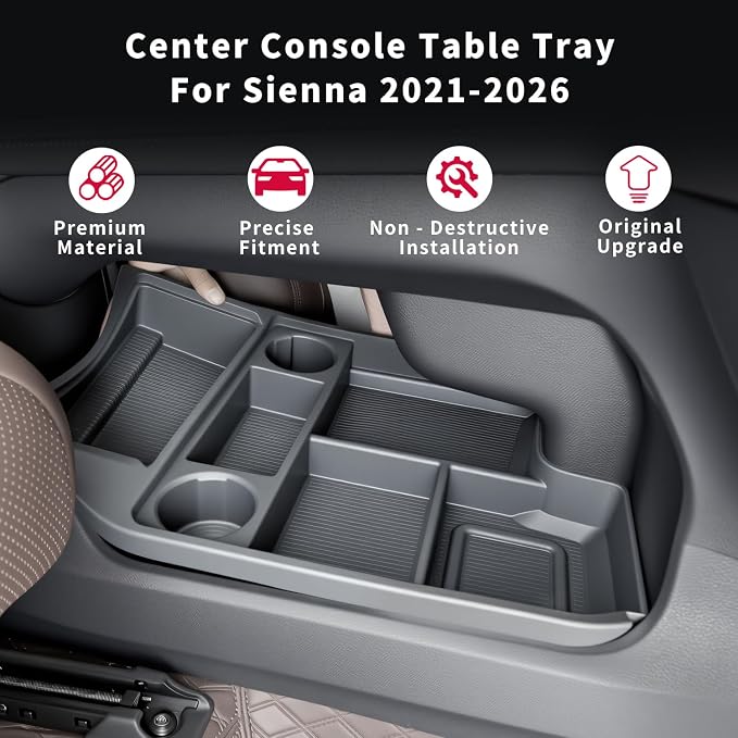 for with 2021-2026 Toyota Sienna Center Console Organizer with Cup Holder, Lower Storage Box Accessories (TPE Material with Original car Wood Grain, Grey)