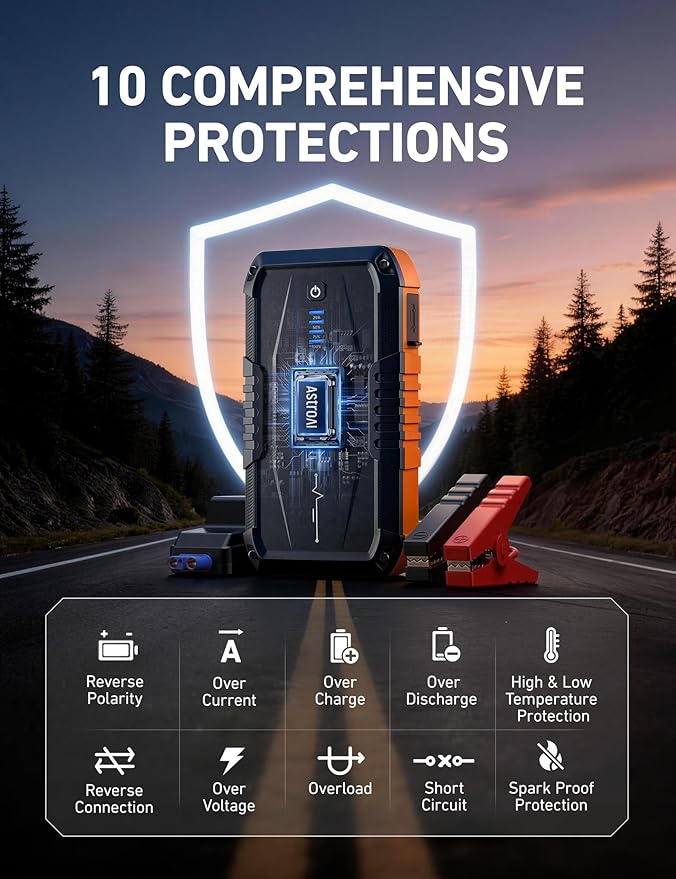 AstroAI S8 Car Battery Jump Starter, Car Jumper Starter Battery Pack for Up to 6.0L Gas & 3.0L Diesel Engines, 12V Portable Jump Box with 3 Modes Flashlight and Jumper Cable (Orange)