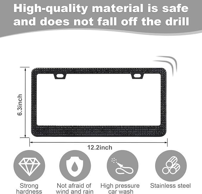 QUANQIUFEI 2 Pack Bling License Plate Frames for Women, Sparkly Rhinestone Diamond Car Accessories with Glitter Crystal Caps (Black)