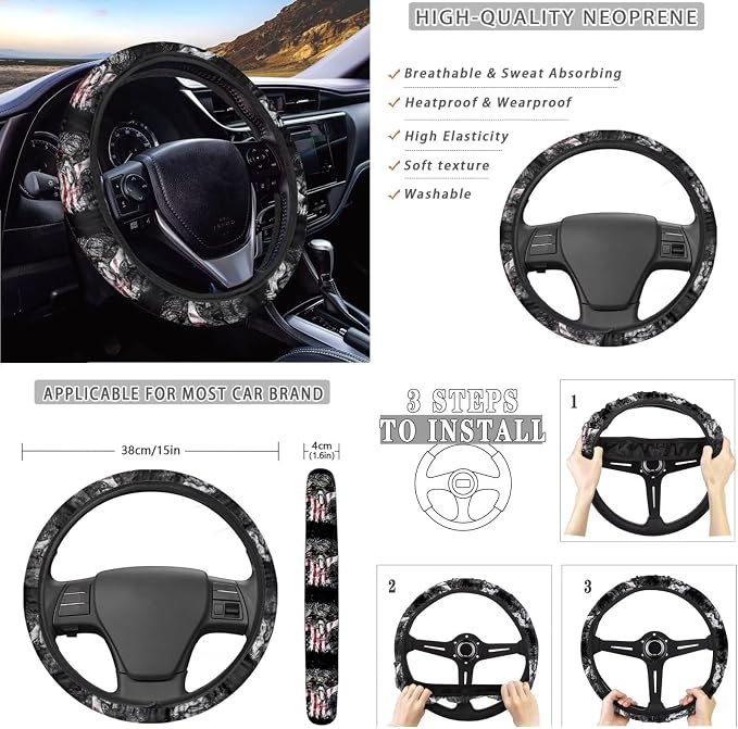 Wolf American Flag Pattern Auto Accessories Set of 10, Front and Rear Seat Covers Full Set, Steering Wheel Cover, Air Vent Storage Bag, Keychain, Car Trash Can, Cup Holders Car Interior Decor