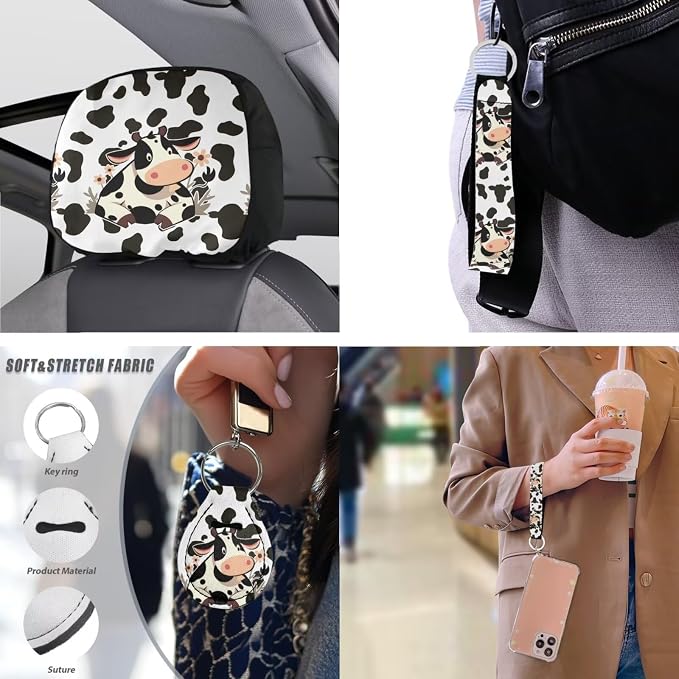 Farmhouse Cow Car Seat Covers Set of 13, Countryside Dairy Cows Vehicle Headrest Cover Cup Holder Coaster, Cartoon Cattle Spot Auto Seat Covers Armrest Cover