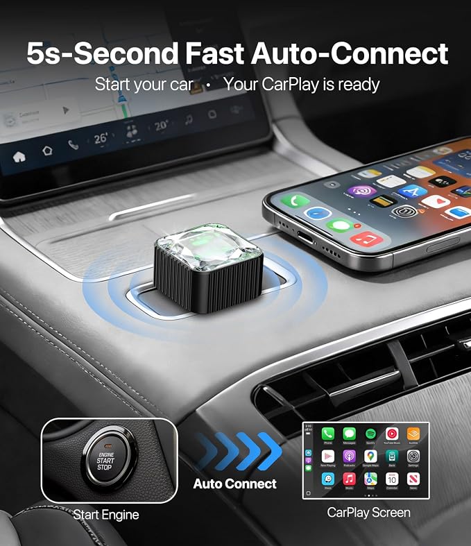2026 Wireless CarPlay Adapter for iPhone, Premium Glass Finish Design, 5s Auto-Connect, Mini Wireless CarPlay Dongle Compatible with Apple CarPlay, Plug & Play for Factory Wired Cars, Low Latency