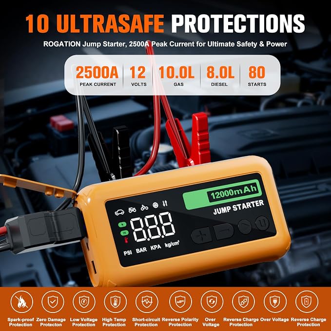Jump Starter with 150PSI Air Compressor, 2000A Peak 12V Booster, 10000mAh Portable Car Battery Jump Starter, Up to 10L Gas/8L Diesel Engines, 33W Bidirectional fast Charging Power Bank-Orange